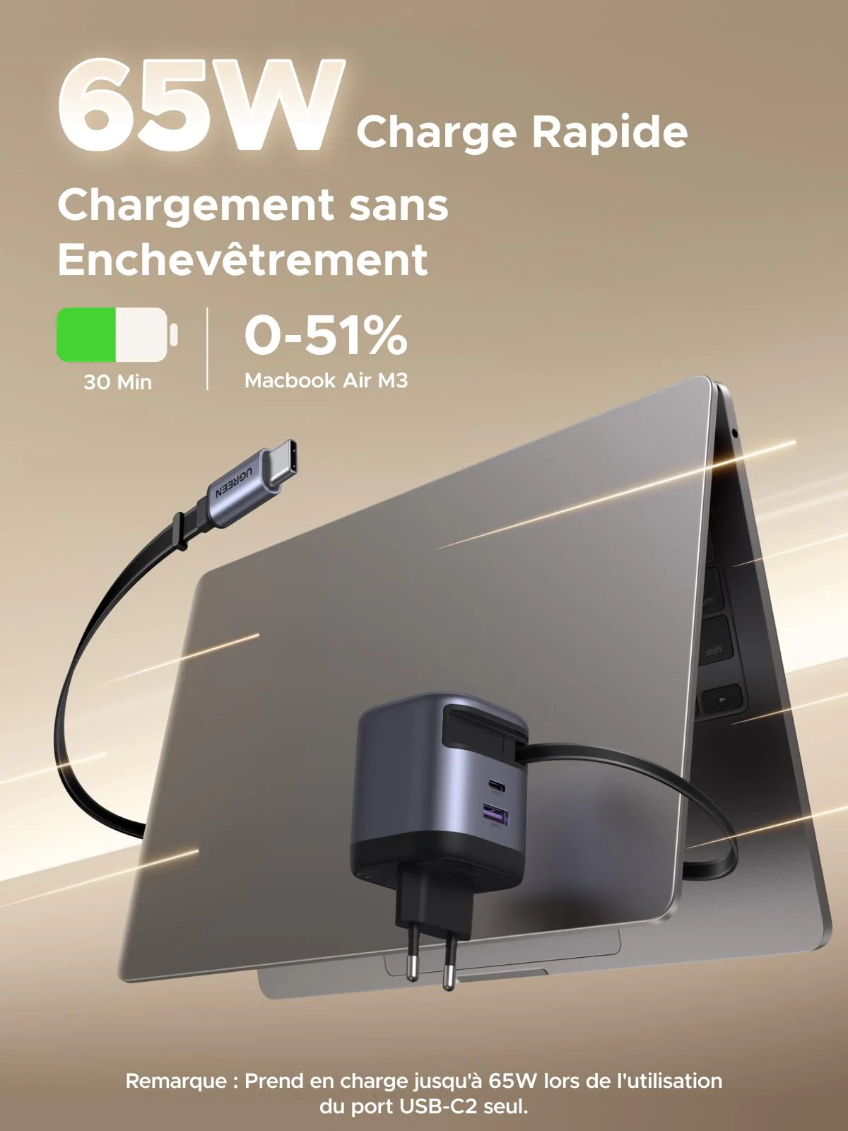 UGREEN Nexode Chargeur 65W avec câble USB-C rétractable - Image 2