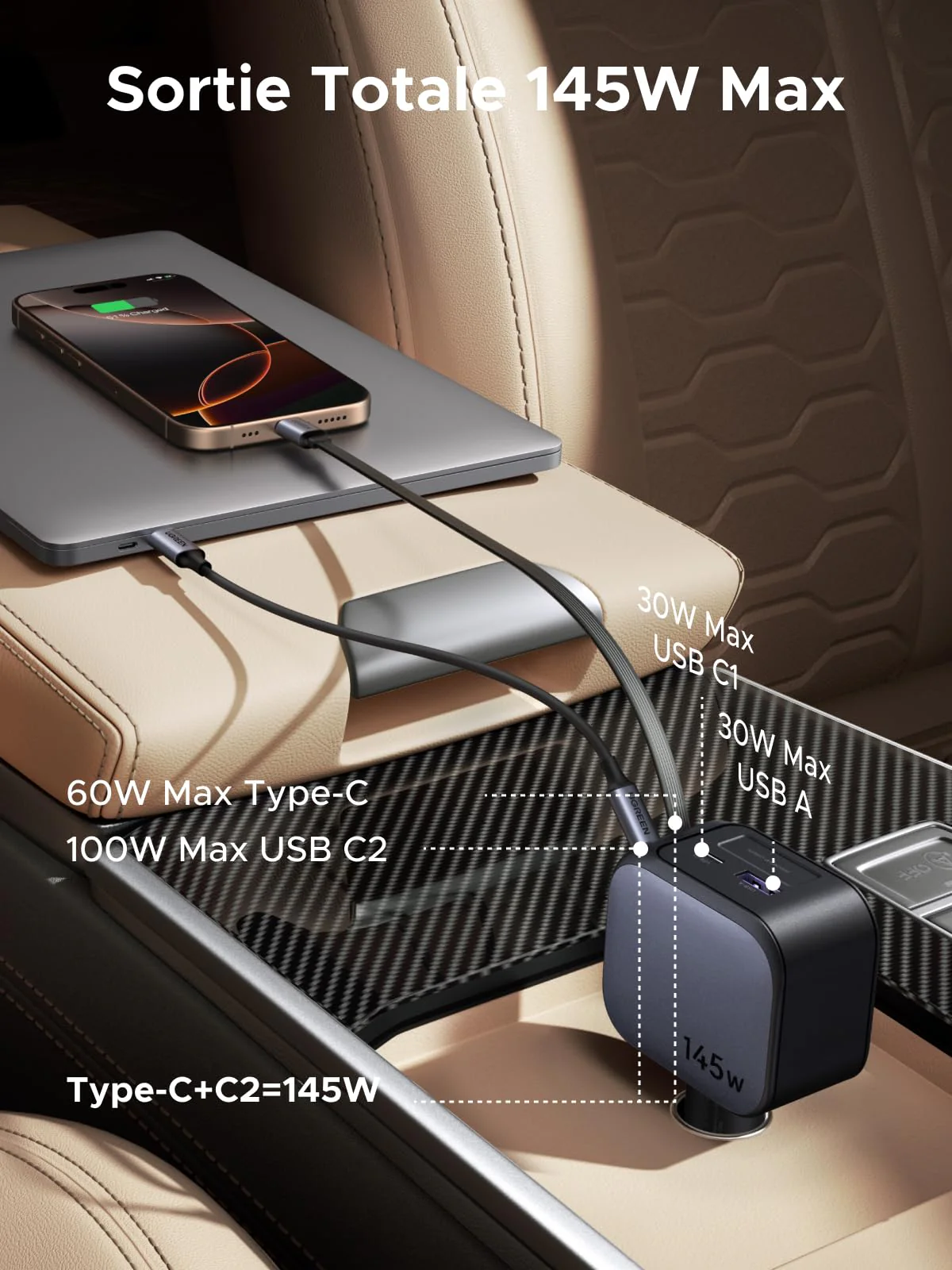 UGREEN Nexode Chargeur voiture 145W avec câble USB-C rétractable - Image 2