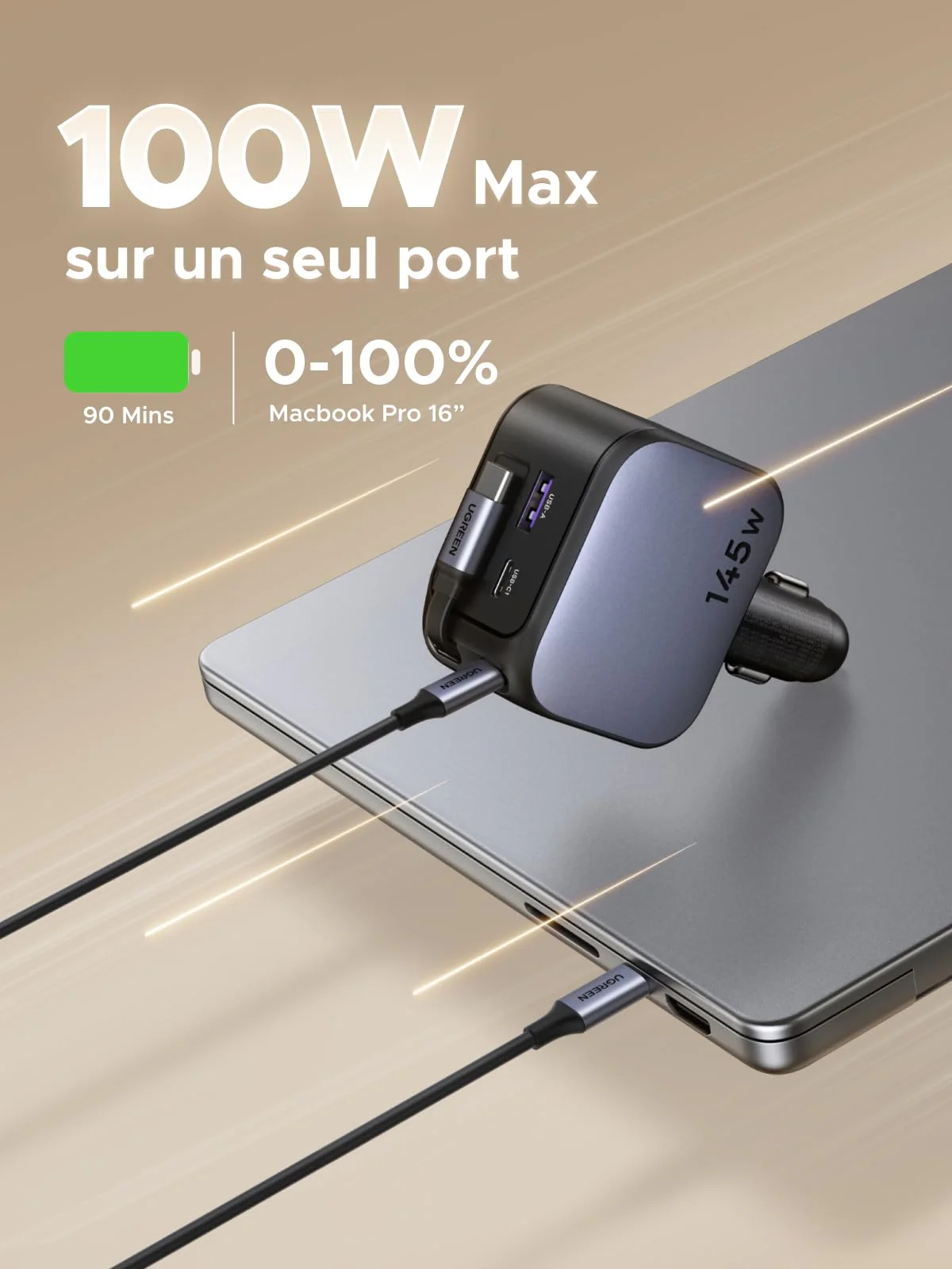 UGREEN Nexode Chargeur voiture 145W avec câble USB-C rétractable - Image 3