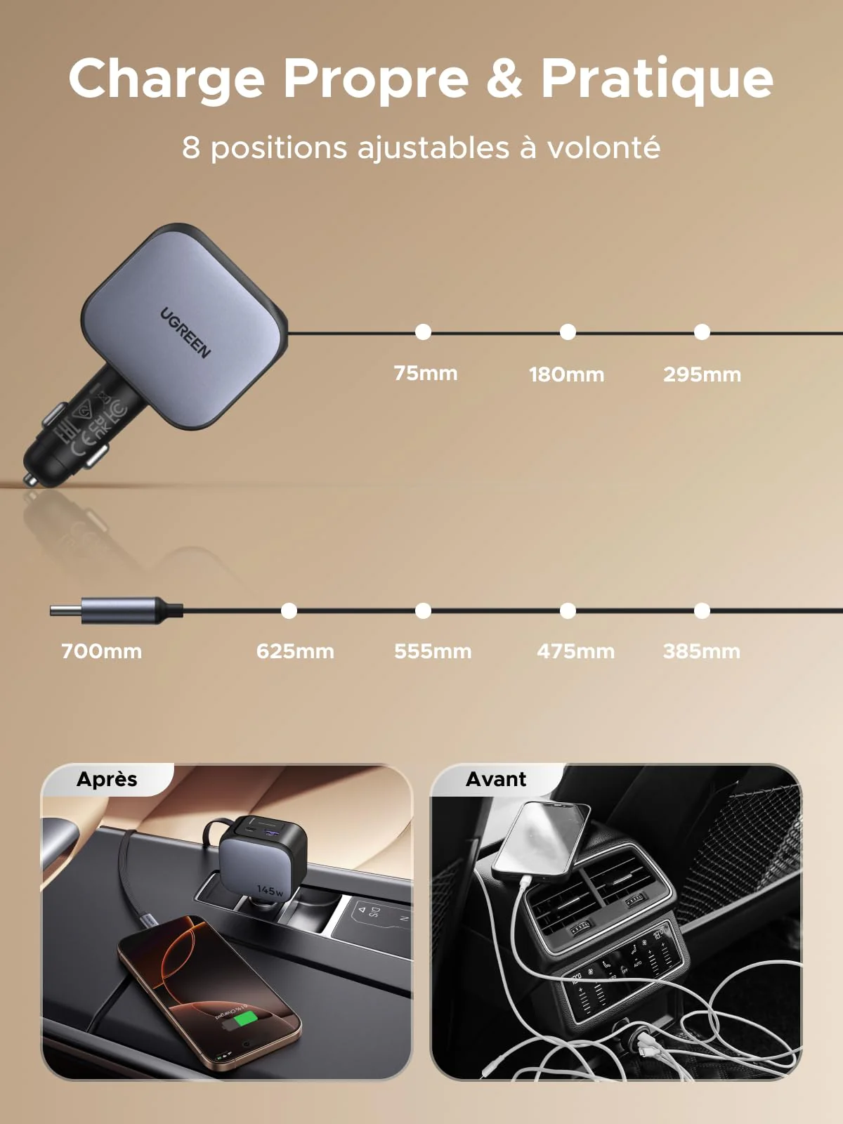 UGREEN Nexode Chargeur voiture 145W avec câble USB-C rétractable - Image 5