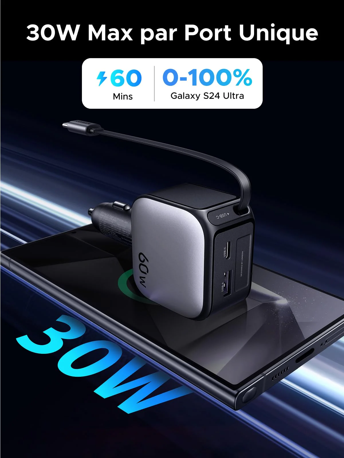UGREEN Nexode Chargeur voiture 60W avec câble USB-C rétractable - Image 3