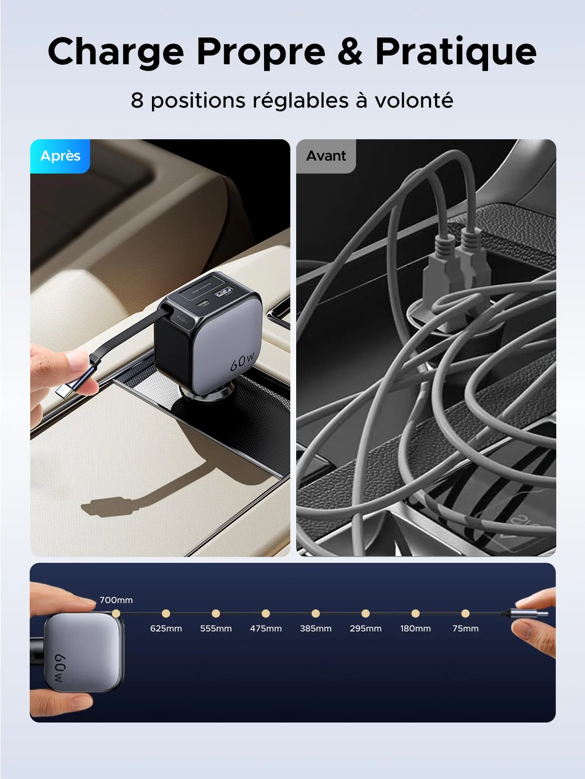 UGREEN Nexode Chargeur voiture 60W avec câble USB-C rétractable - Image 7