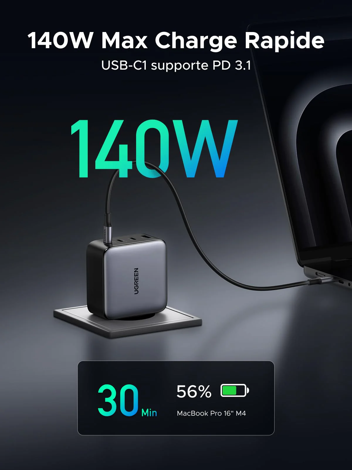 UGREEN Nexode GaN Chargeur USB-C (200 W, PD 3.1 140 W, 4-en-1) - Image 2