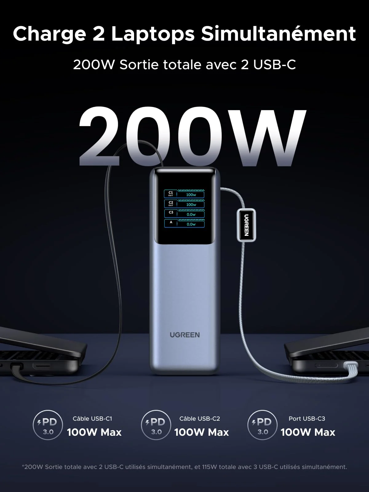 UGREEN Nexode Pro Batterie Externe 4-en-1 (25 000 mAh, 200 W, 2 Câbles USB-C Intégrés, Écran TFT) - Image 3