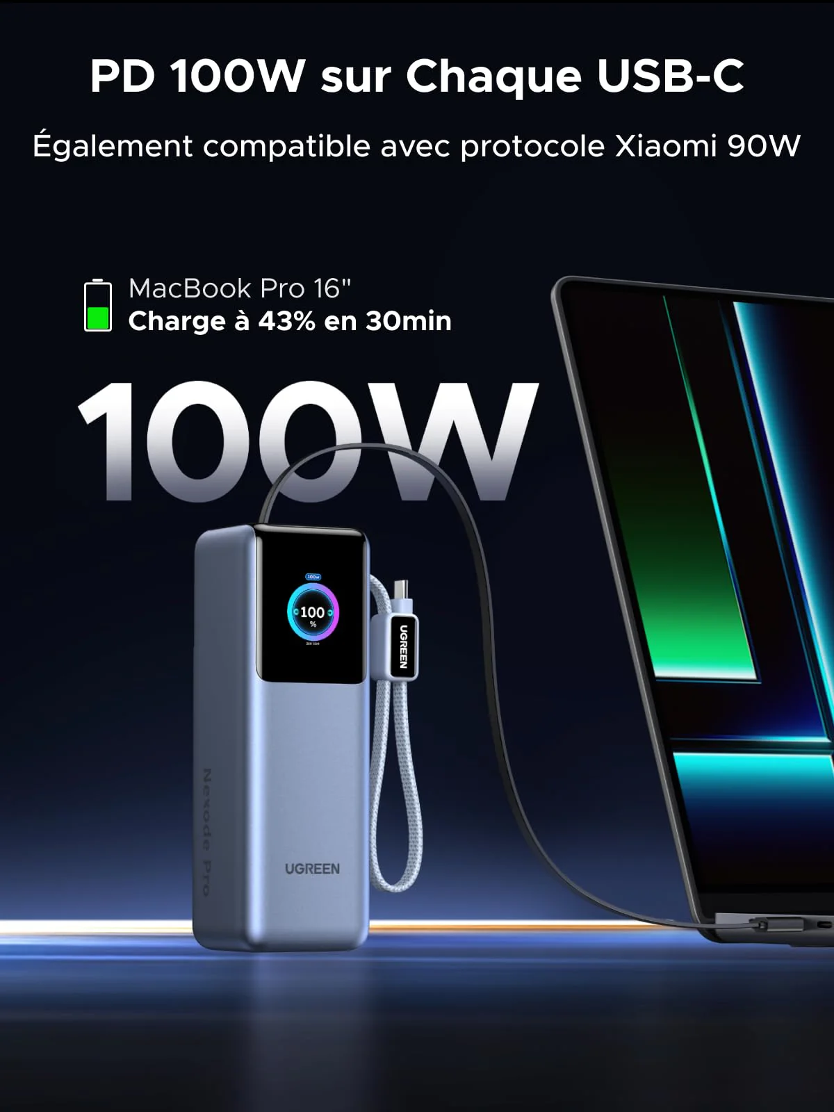 UGREEN Nexode Pro Batterie Externe 4-en-1 (25 000 mAh, 200 W, 2 Câbles USB-C Intégrés, Écran TFT) - Image 4