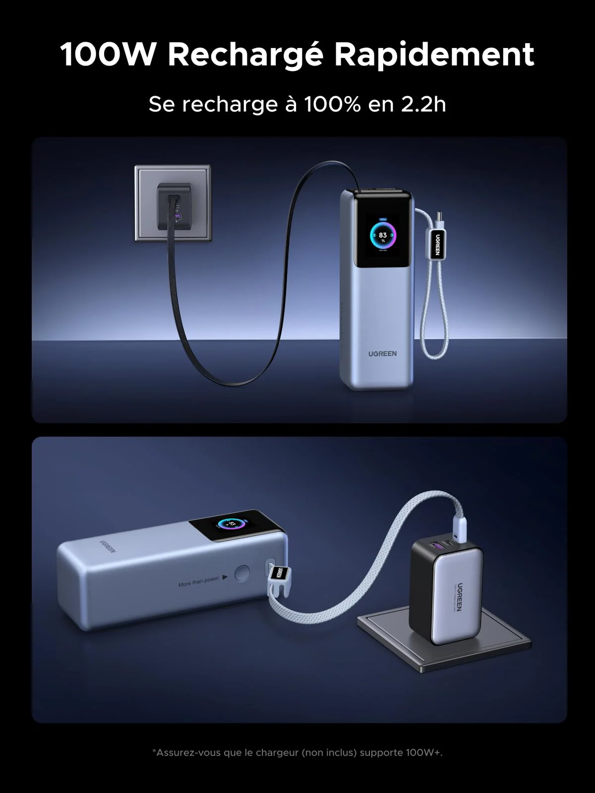 UGREEN Nexode Pro Batterie Externe 4-en-1 (25 000 mAh, 200 W, 2 Câbles USB-C Intégrés, Écran TFT) - Image 5