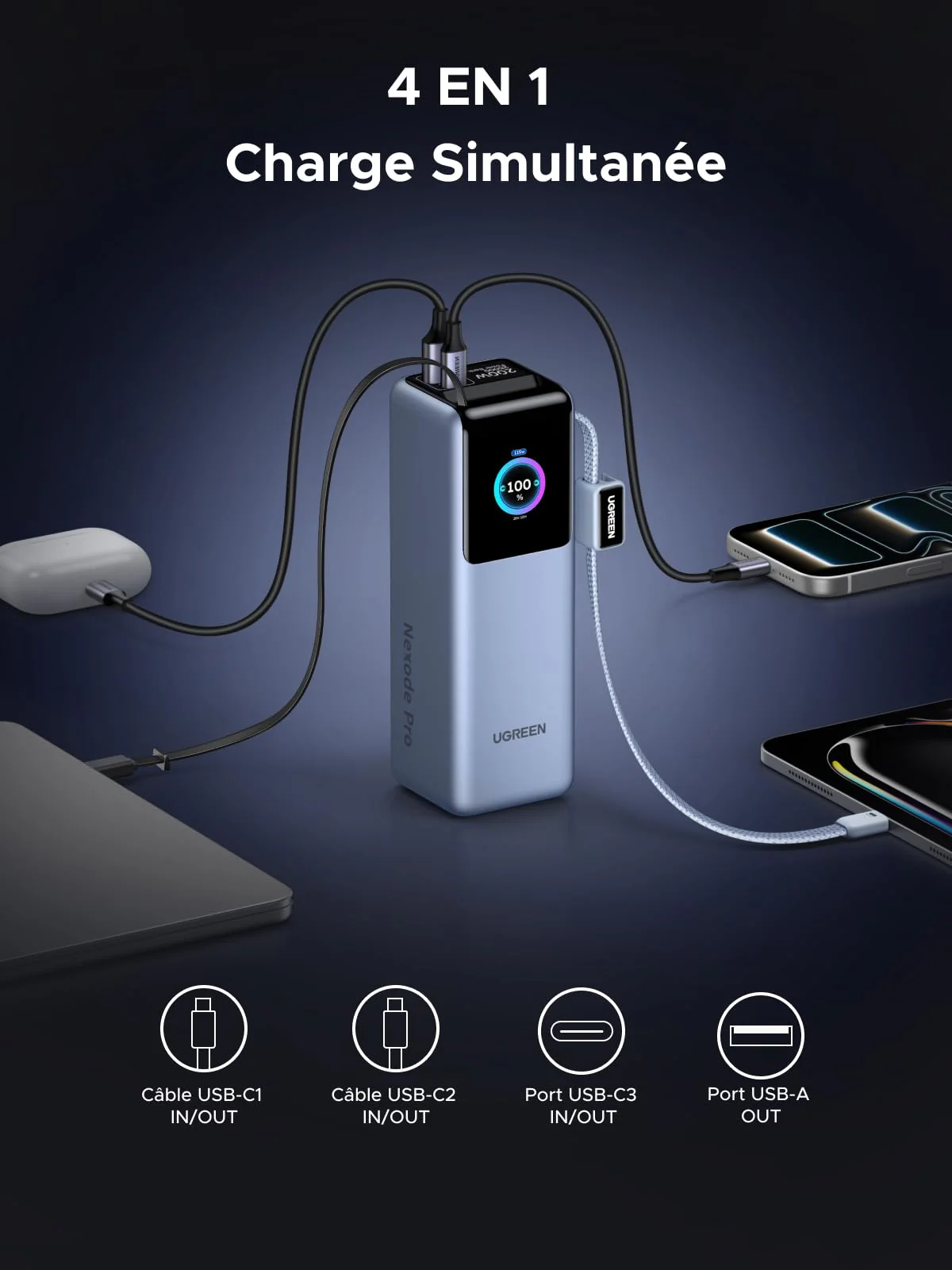 UGREEN Nexode Pro Batterie Externe 4-en-1 (25 000 mAh, 200 W, 2 Câbles USB-C Intégrés, Écran TFT) - Image 6