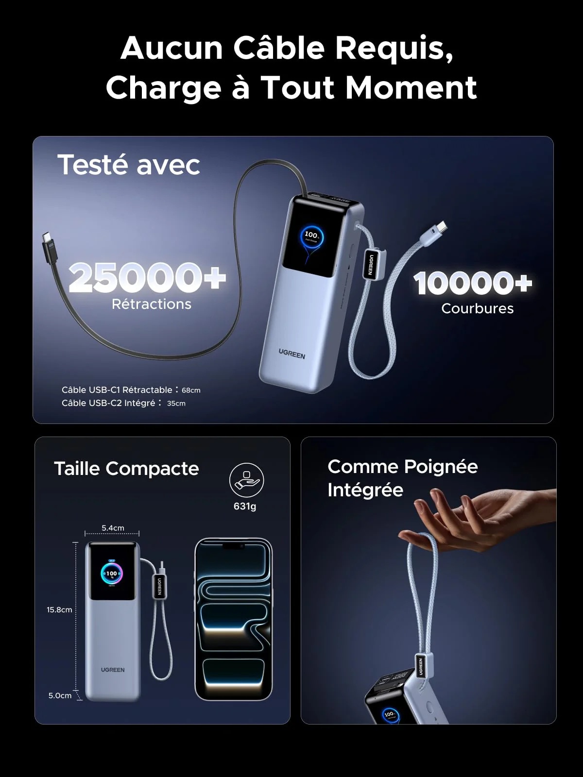 UGREEN Nexode Pro Batterie Externe 4-en-1 (25 000 mAh, 200 W, 2 Câbles USB-C Intégrés, Écran TFT) - Image 7