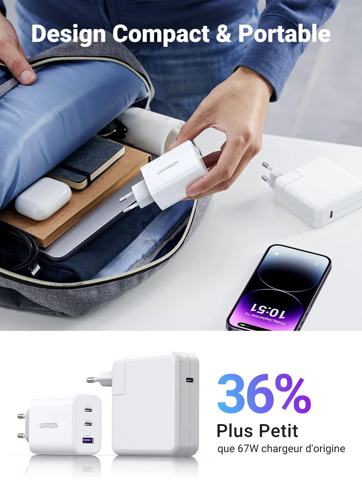 UGREEN 65W Chargeur USB C Rapide 3 Ports - Image 6