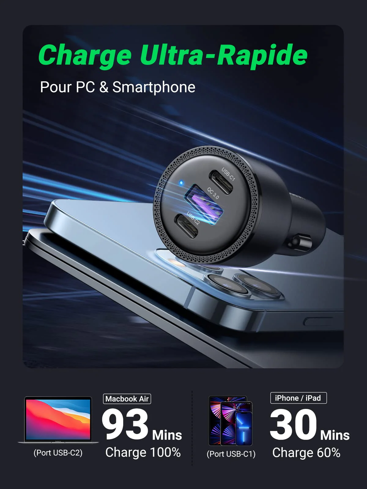UGREEN 69W Chargeur Voiture USB C Rapide PD QC 3.0 - Image 3