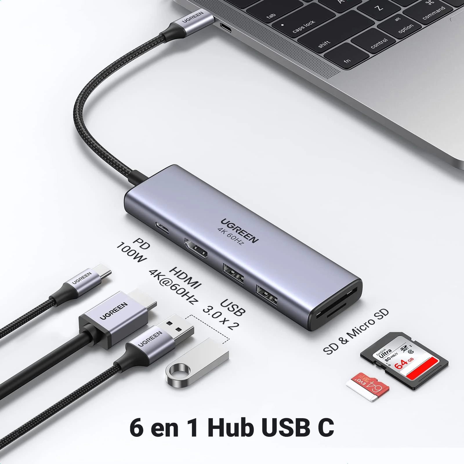 UGREEN Adaptateur Hub USB-C 6-en-1 (HDMI 4K@30Hz, PD 100W) - Image 3