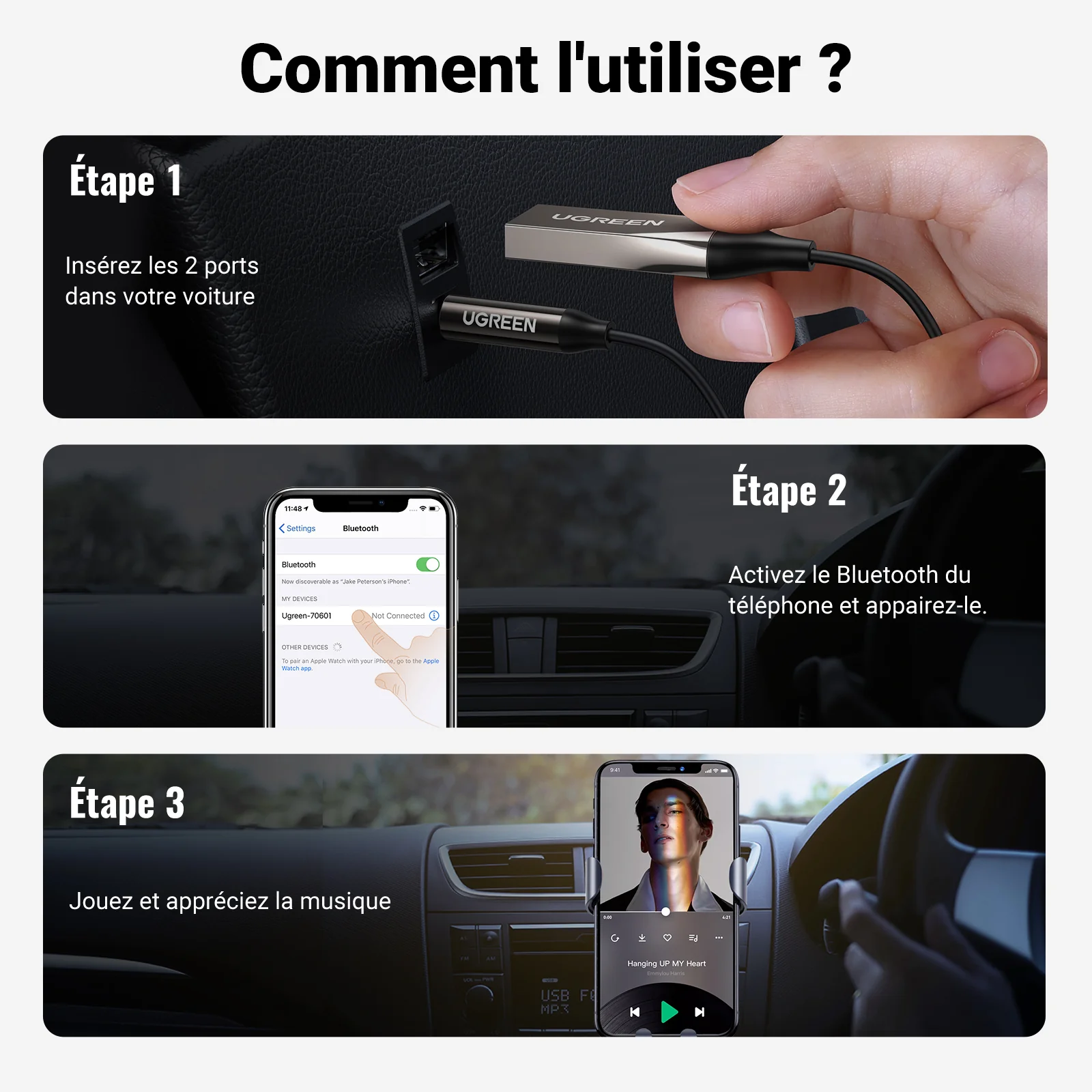 UGREEN Adaptateur 5.3 pour Voiture Jack R cepteur Bluetooth - Image 8