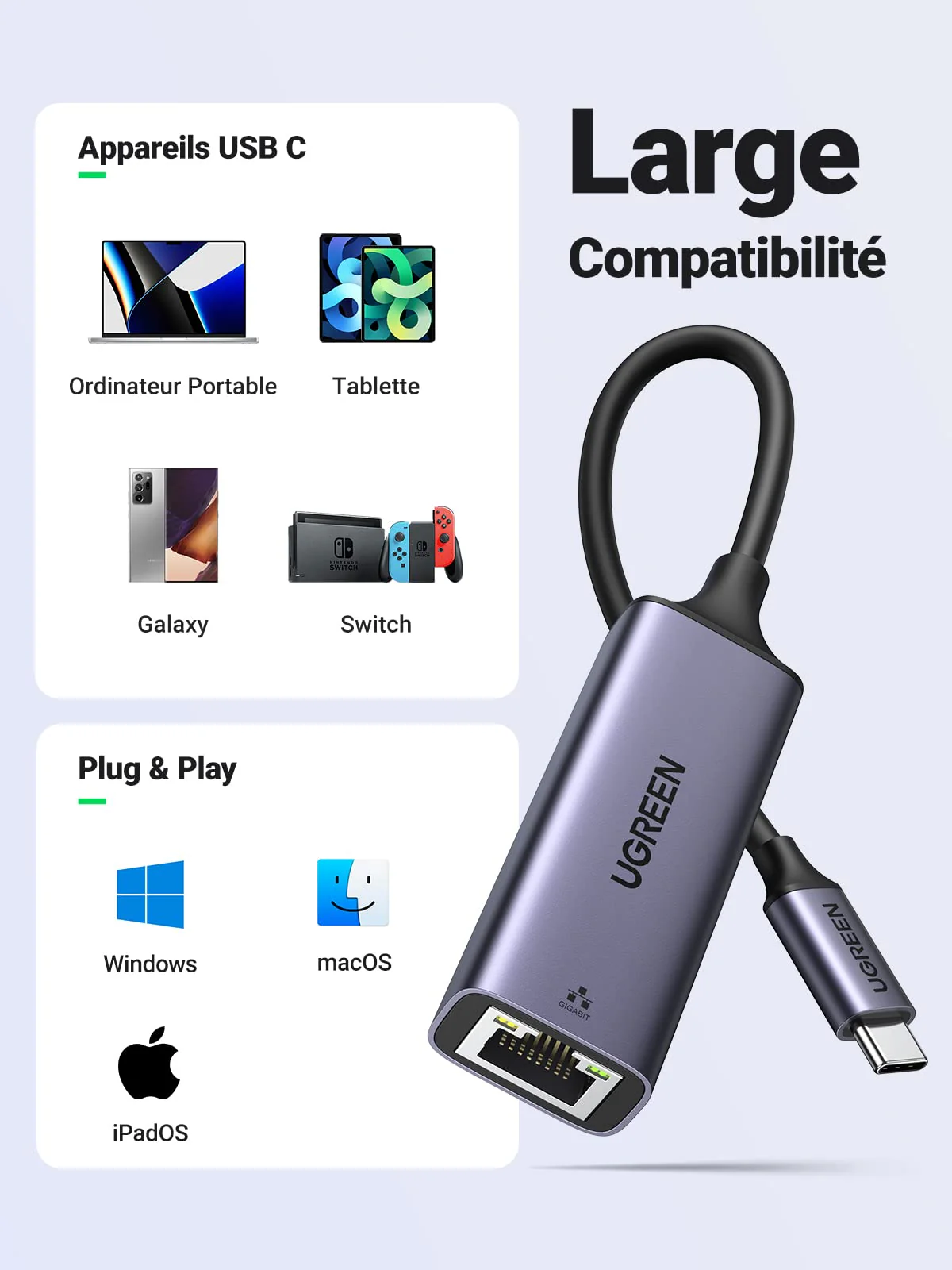 UGREEN Adaptateur USB C vers Ethernet Thunderbolt 3 4 RJ45 Rseau Gigabit en Aluminium - Image 4