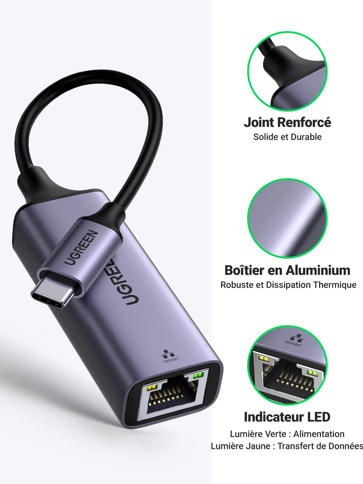 UGREEN Adaptateur USB C vers Ethernet Thunderbolt 3 4 RJ45 Rseau Gigabit en Aluminium - Image 5