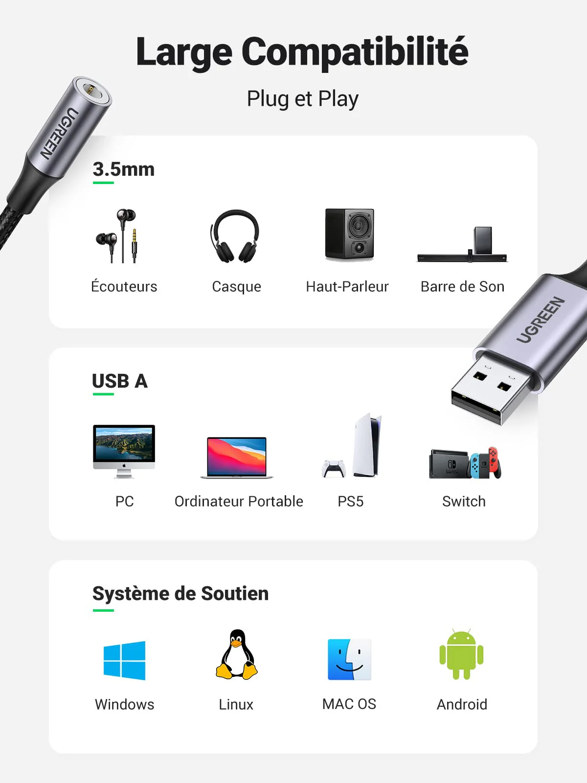 UGREEN Adaptateur USB vers Jack 3,5mm Carte Son Externe USB - Image 3