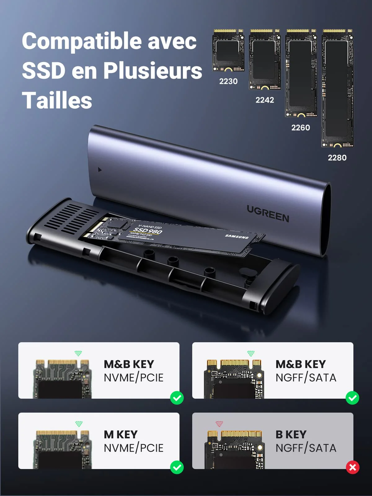 UGREEN Boîtier SSD M.2 NVME SATA USB 3.2 Gen 2 10Gbps 2To Adaptateur M.2 NVME - Image 4