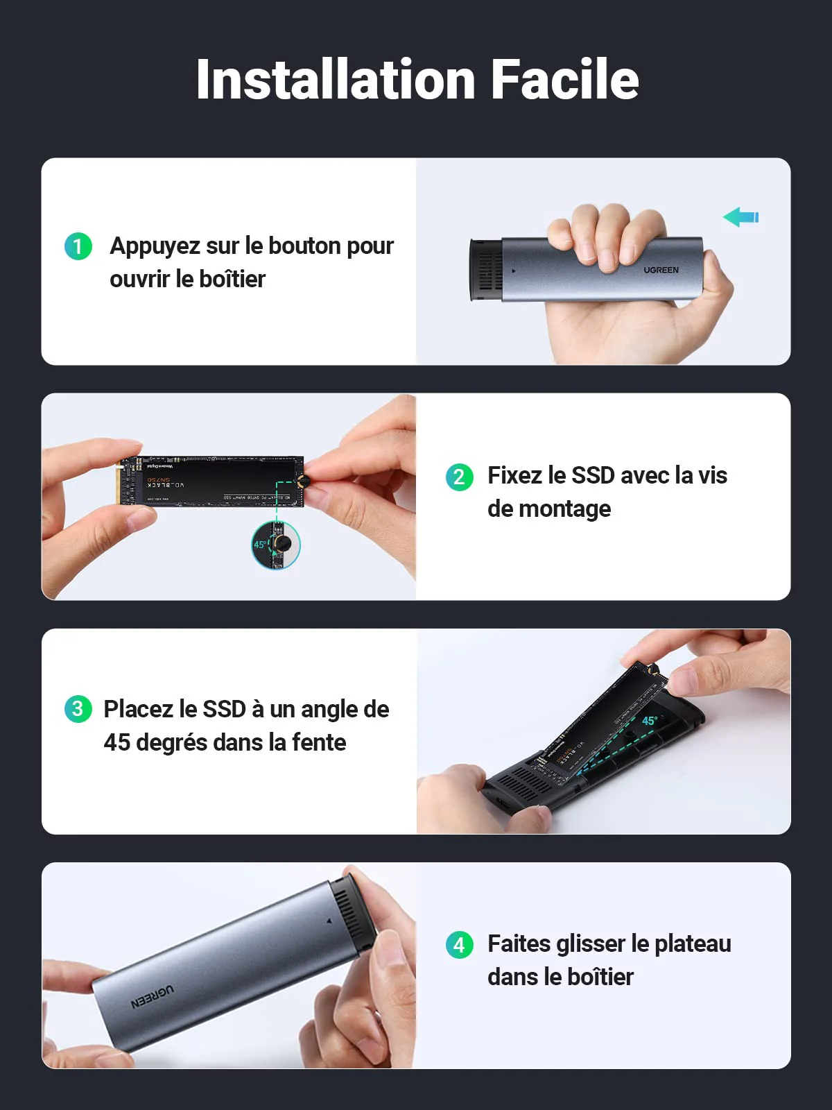 UGREEN Boîtier SSD M.2 NVME SATA USB 3.2 Gen 2 10Gbps 2To Adaptateur M.2 NVME - Image 5