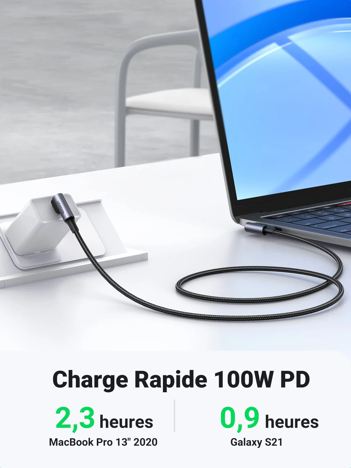 UGREEN Cable USB C vers USB C 100W 5A Cable USB Type C 90° Charge Rapide Nylon Tress - Image 3