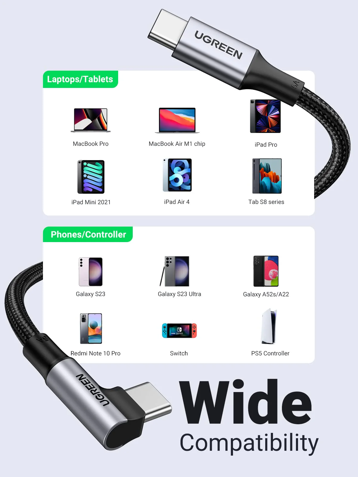 UGREEN Cable USB C vers USB C 100W Type C Alimentation 5A en Nylon Tress - Image 8