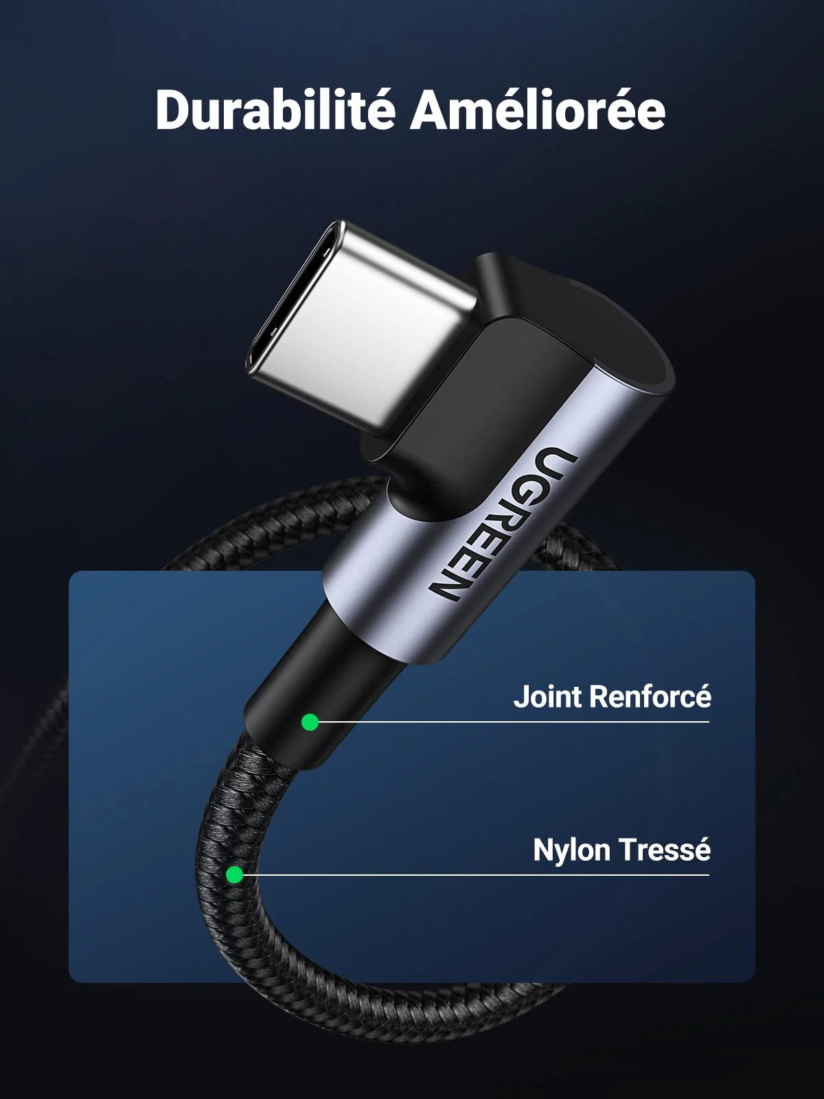 UGREEN Câble USB C vers USB C Coudé PD 60W Type C 90 Degrés Nylon Tressé - Image 6