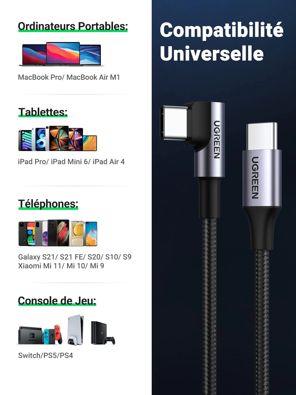 UGREEN Câble USB C vers USB C Coudé PD 60W Type C 90 Degrés Nylon Tressé - Image 7