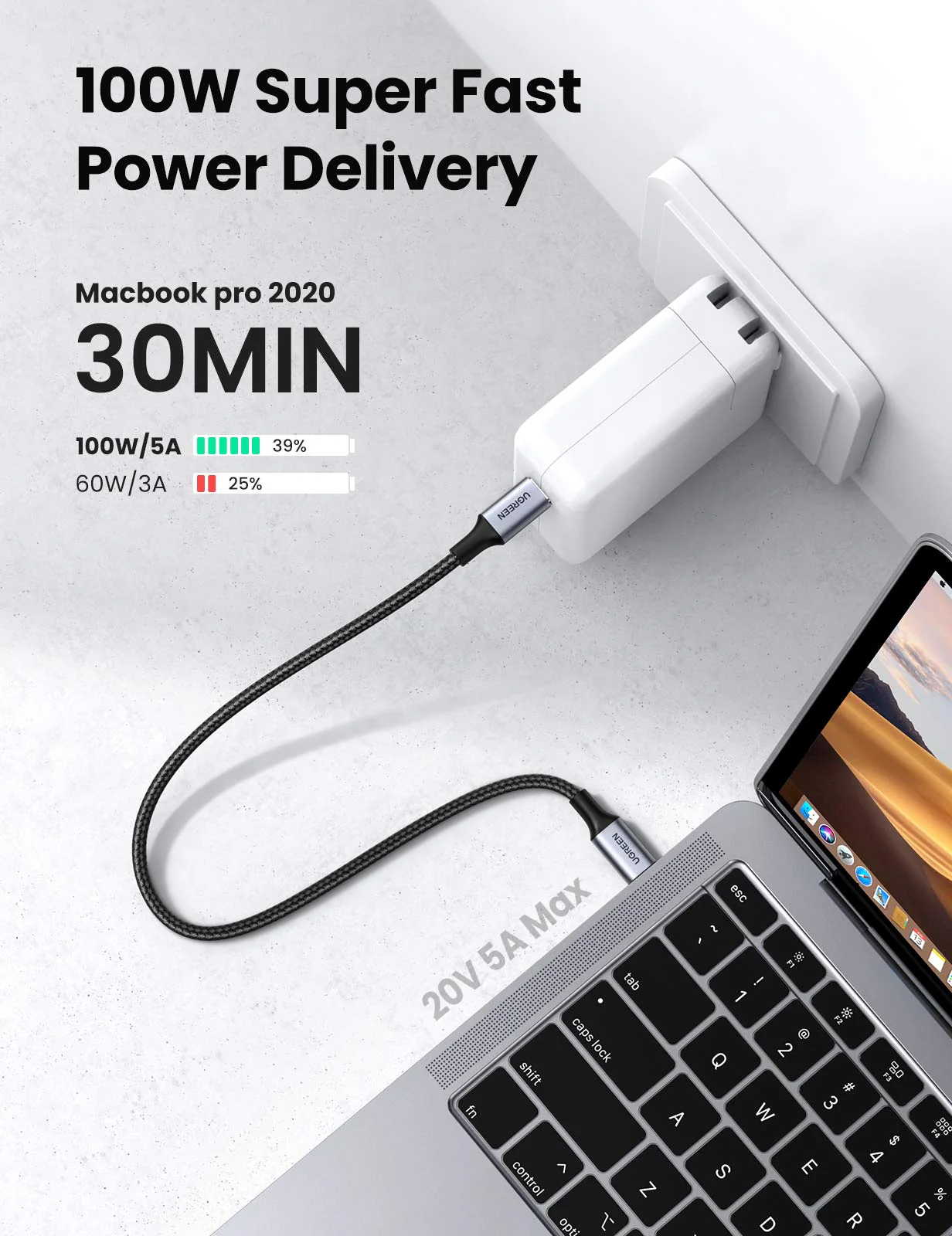 UGREEN Câble USB C vers USB C PD 100W Nylon Tressé (5A 20V Type C) - Image 2