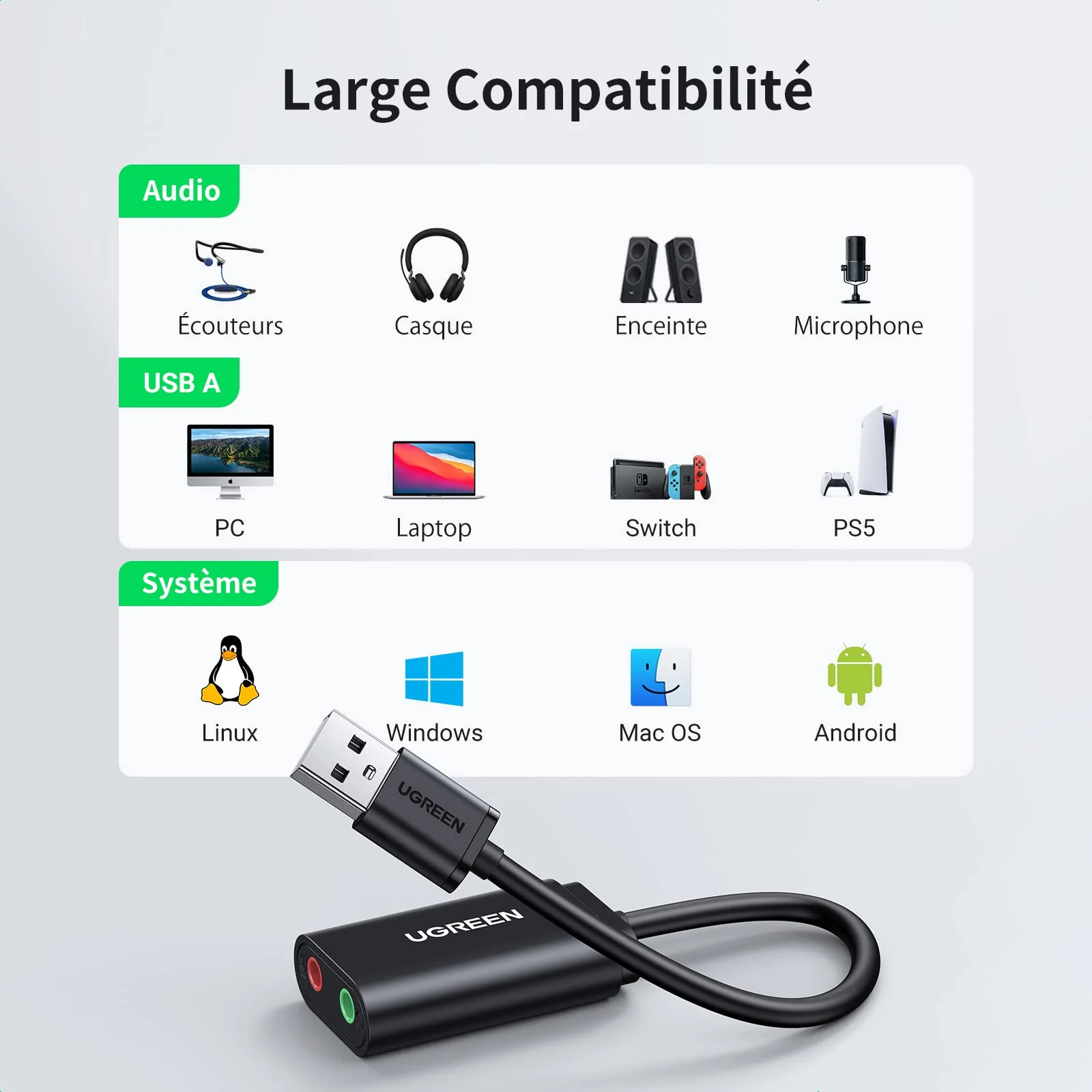 UGREEN Carte Son Externe Adaptateur USB Audio Jack 3,5mm Carte Son USB Plug Play - Image 3