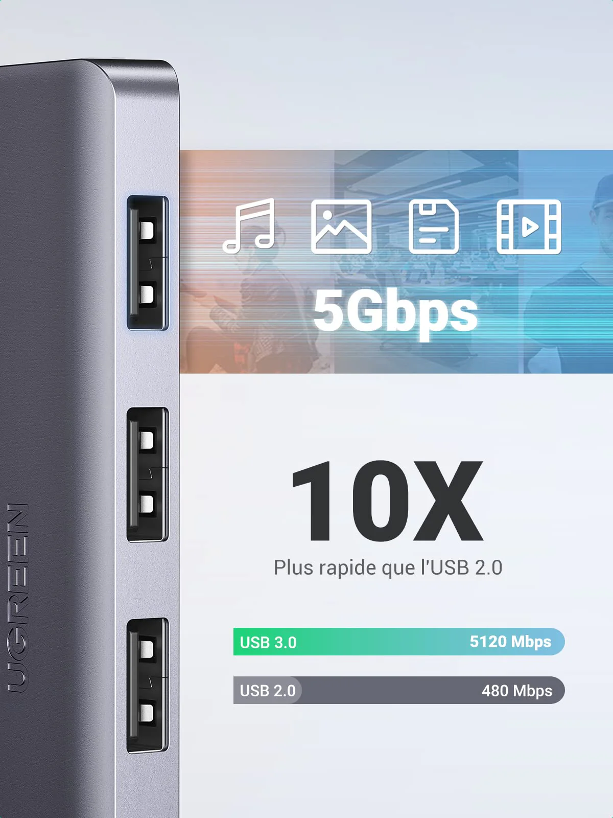 UGREEN  Data Hub USB 3.0 vers 4 Ports USB 5Gbps Transfert Rapide - Image 3