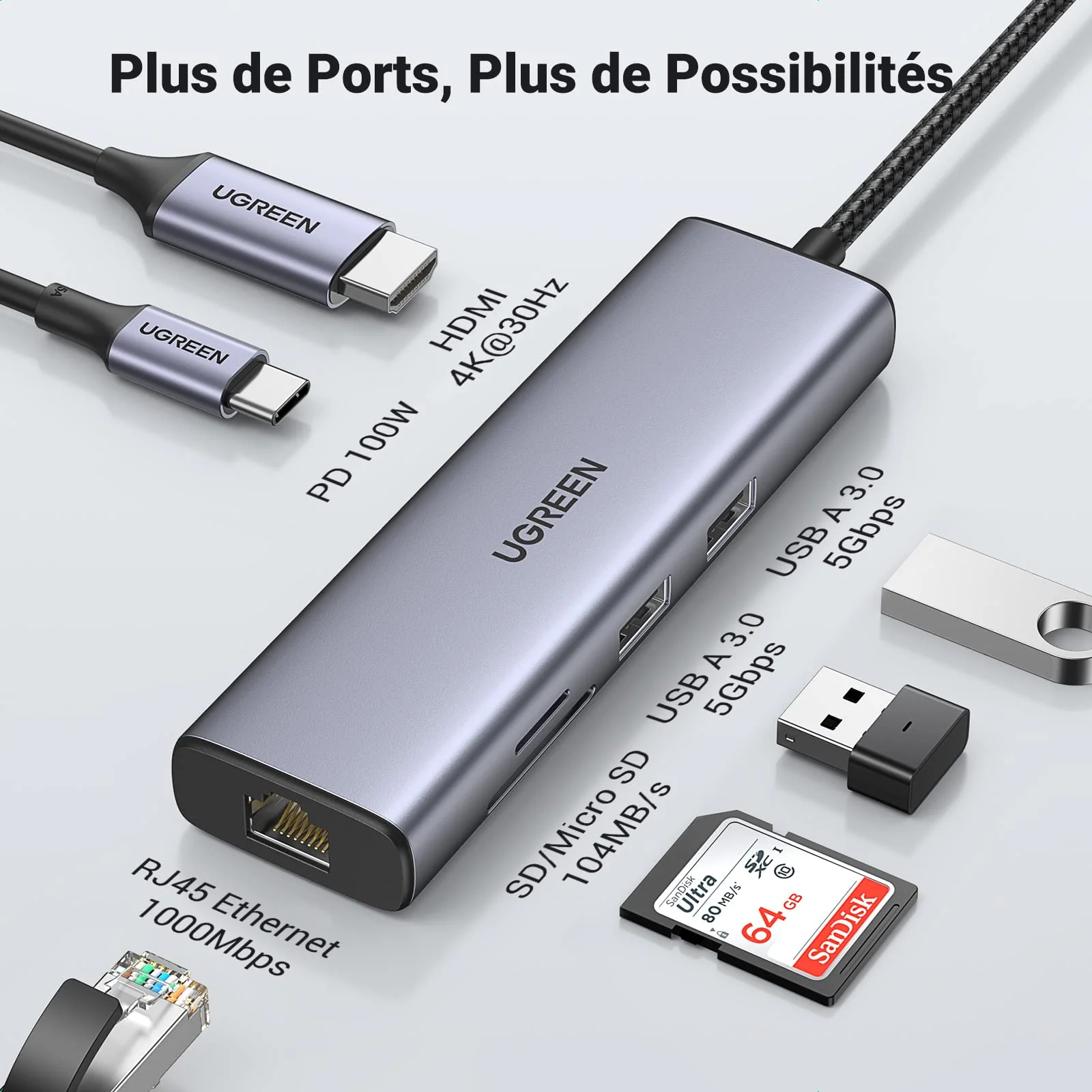 UGREEN Hub USB-C 7-en-1 ( HDMI 4K, PD 100W ) - Image 2