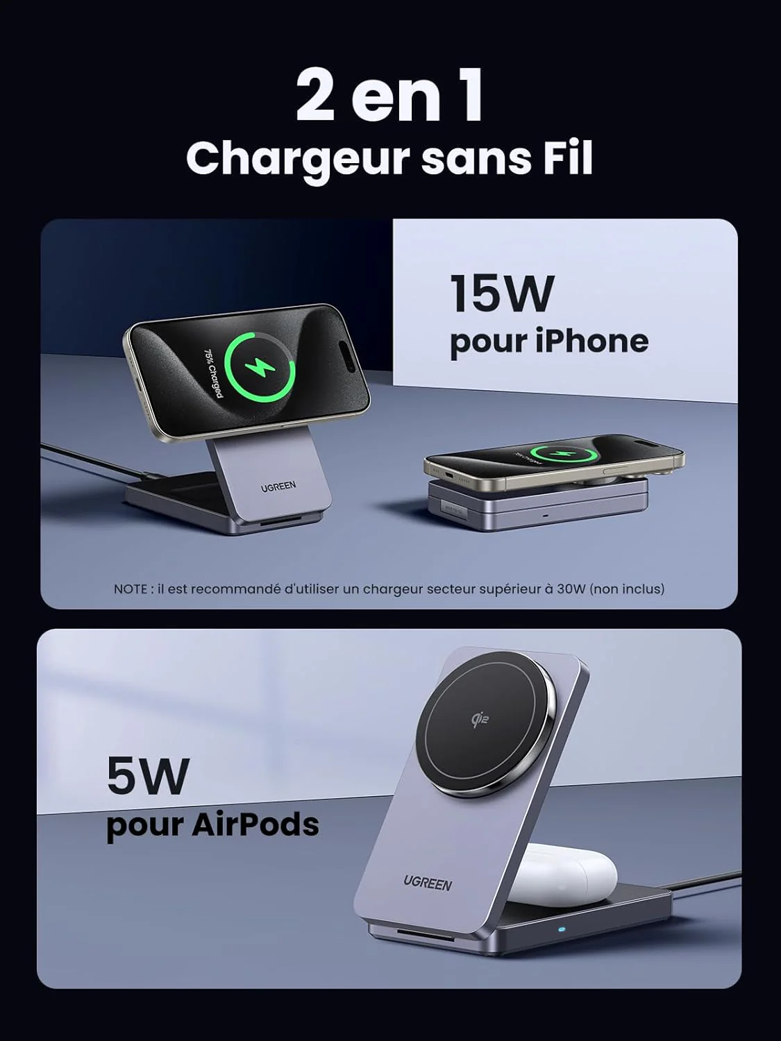 UGREEN MagFlow Chargeur Sans Fil 2-en-1 (Qi2 15W, Compatible MagSafe, Pliable) - Image 3