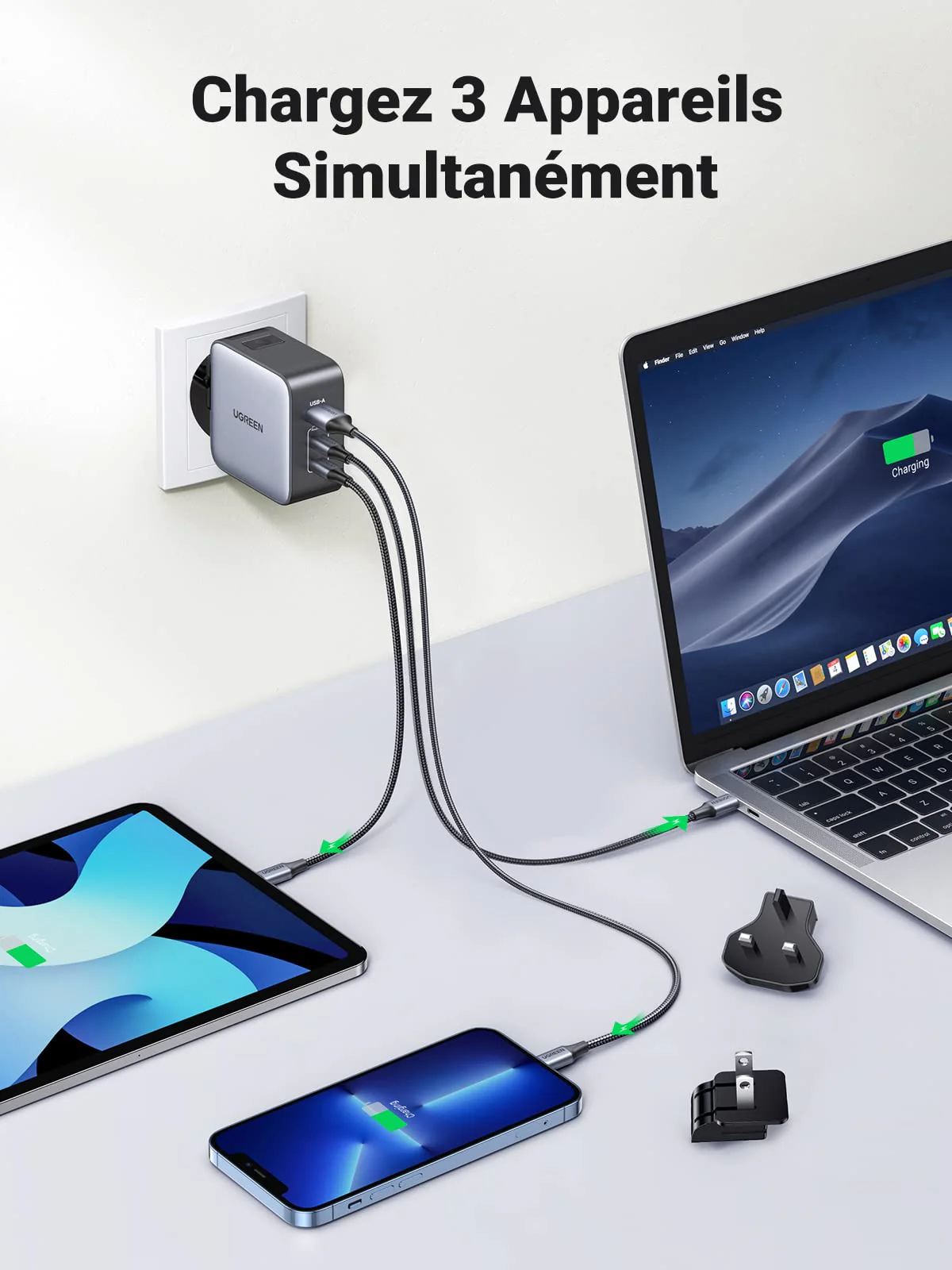 UGREEN Nexode 65W GaN Chargeur USB C 3 Ports (prises US/UK/EU) - Image 3
