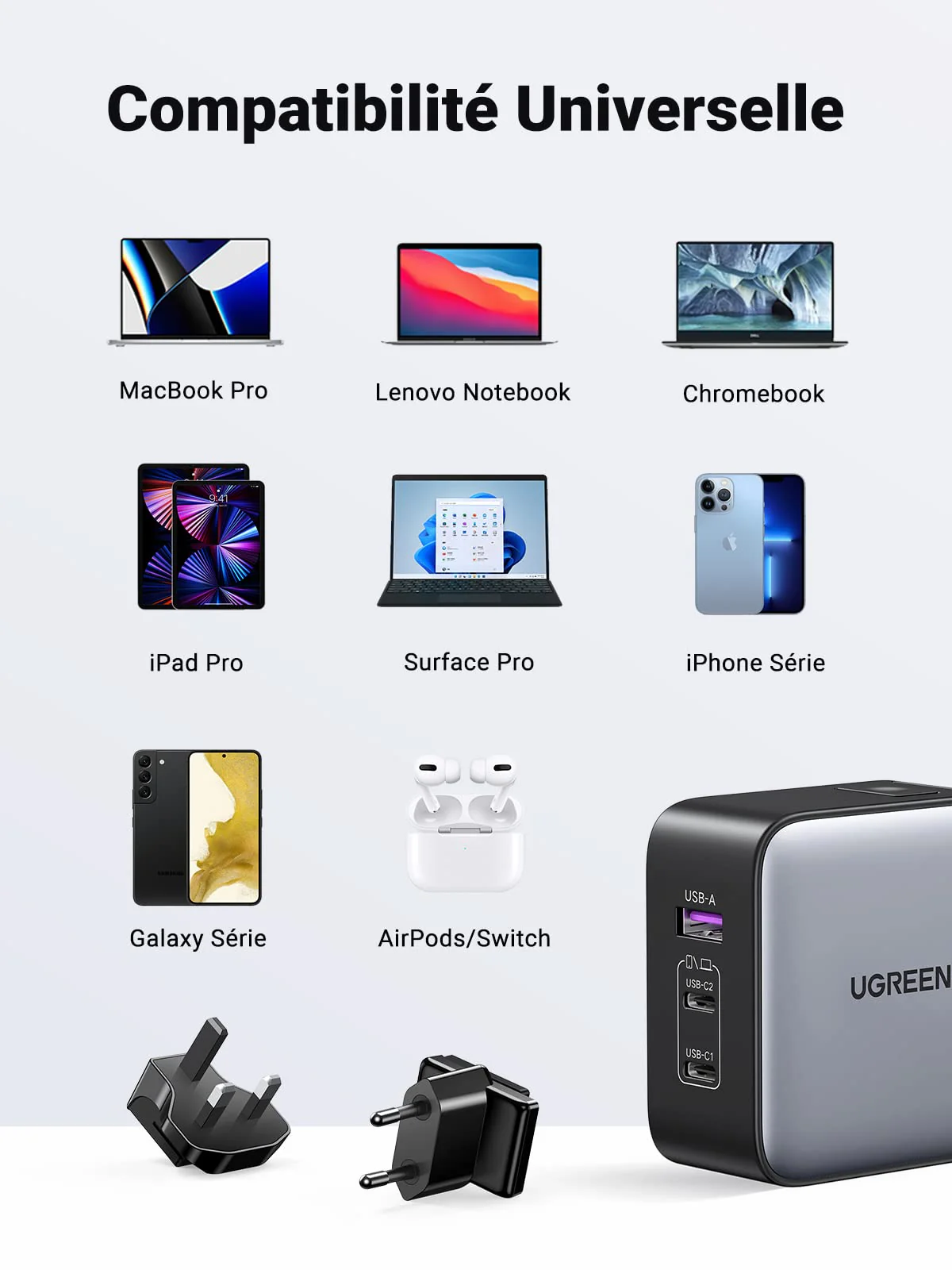 UGREEN Nexode 65W GaN Chargeur USB C 3 Ports (prises US/UK/EU) - Image 6
