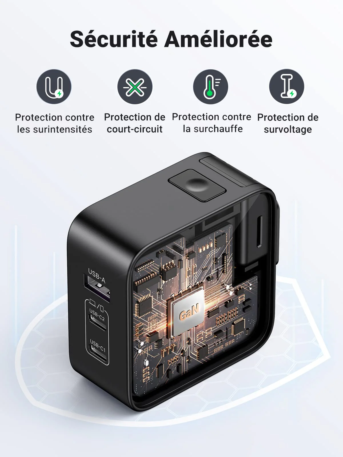 UGREEN Nexode 65W GaN Chargeur USB C 3 Ports (prises US/UK/EU) - Image 7