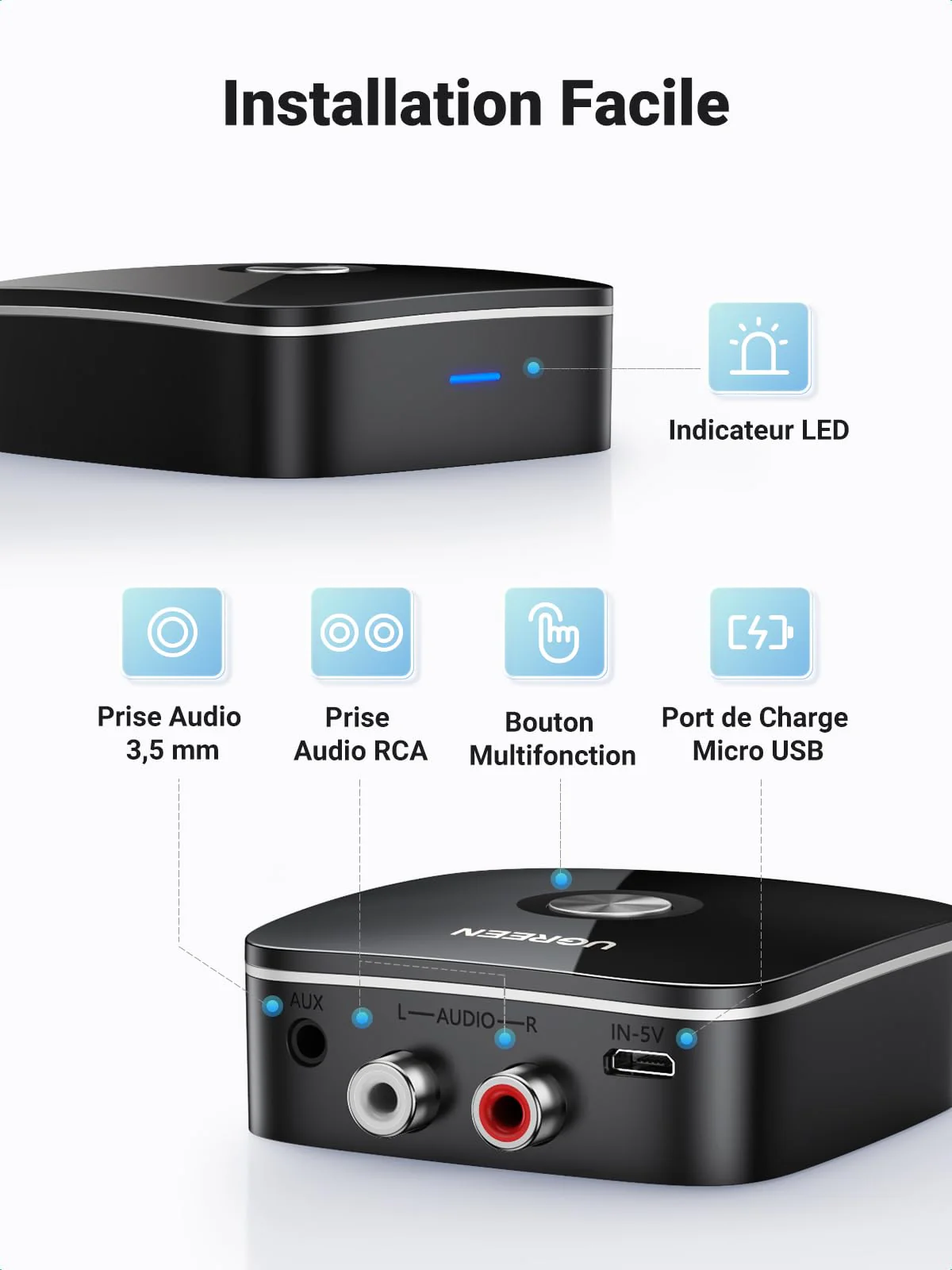 UGREEN Récepteur Bluetooth 5.0 Adaptateur Bluetooth HiFi sans Fil EDR Technologie avec 3.5mm - Image 7