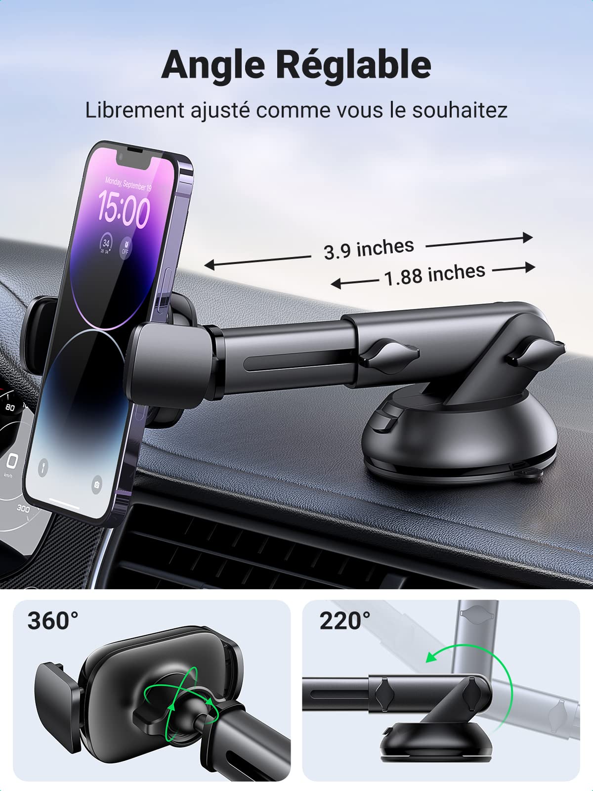 UGREEN Support Téléphone Voiture Pare Brise Porte Rotation 360° - Image 4