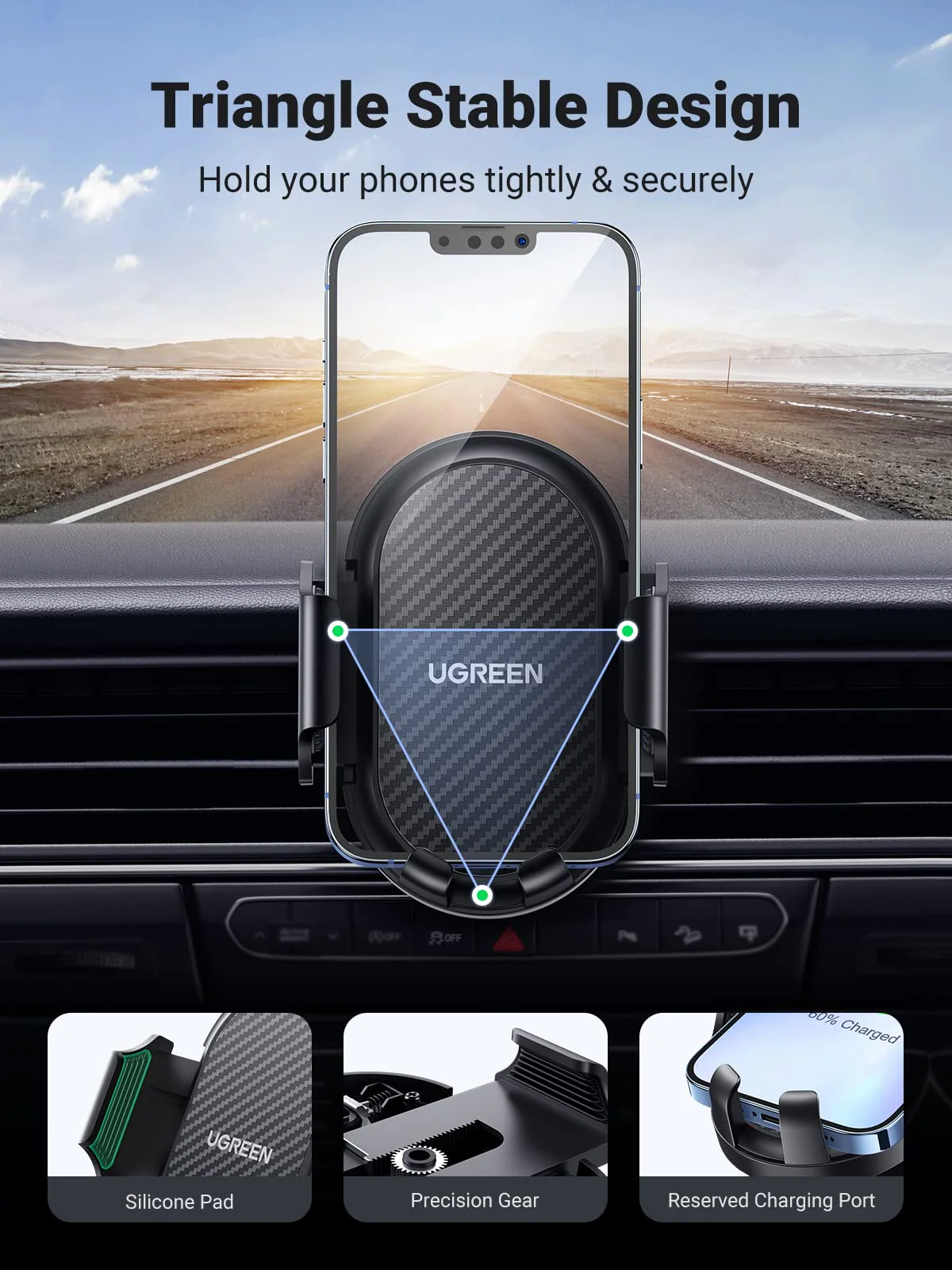 UGREEN Support Téléphone Voiture Grille Aération Porte Smartphone Voiture Ventilation Rotation 360 Degrés - Image 7