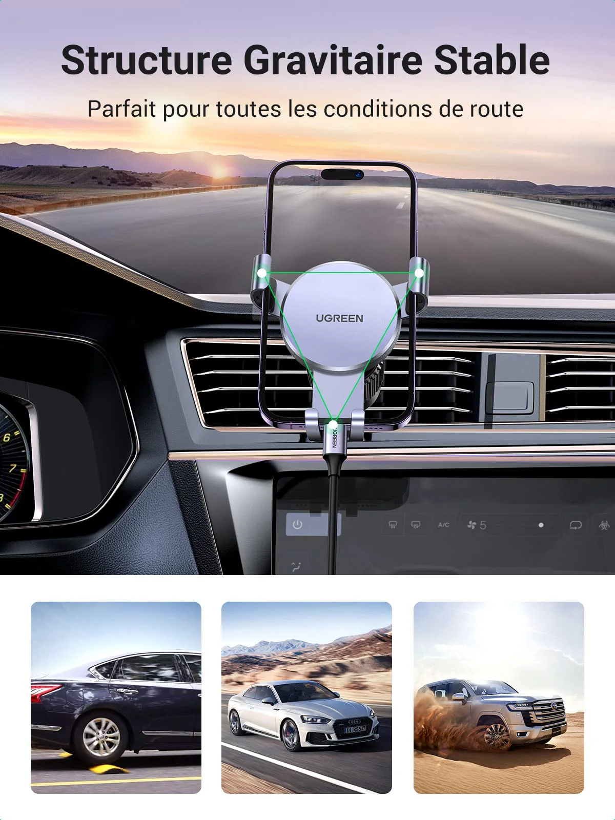 UGREEN Support Téléphone Voiture Gravité Grille Aération Porte Portable Smartphone Voiture (Gris) - Image 4
