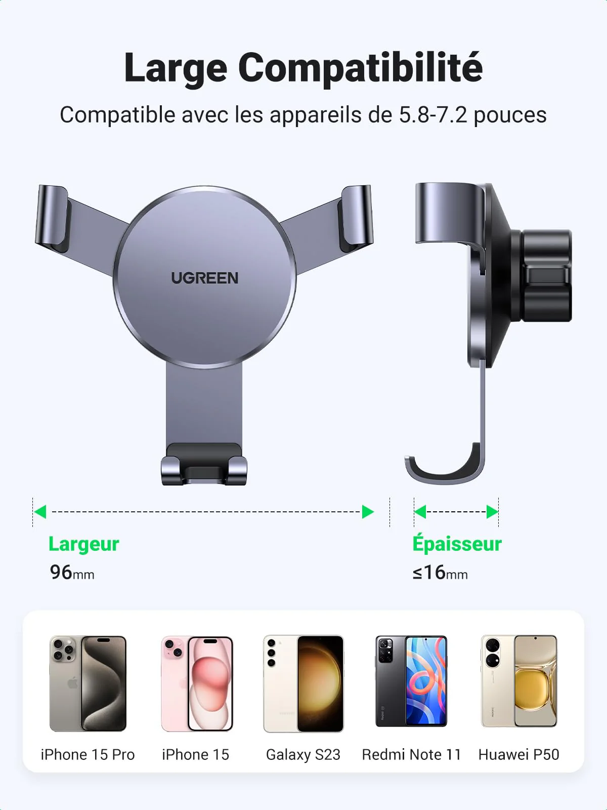 UGREEN Support Téléphone Voiture Gravité Grille Aération Porte Portable Smartphone Voiture (Gris) - Image 7