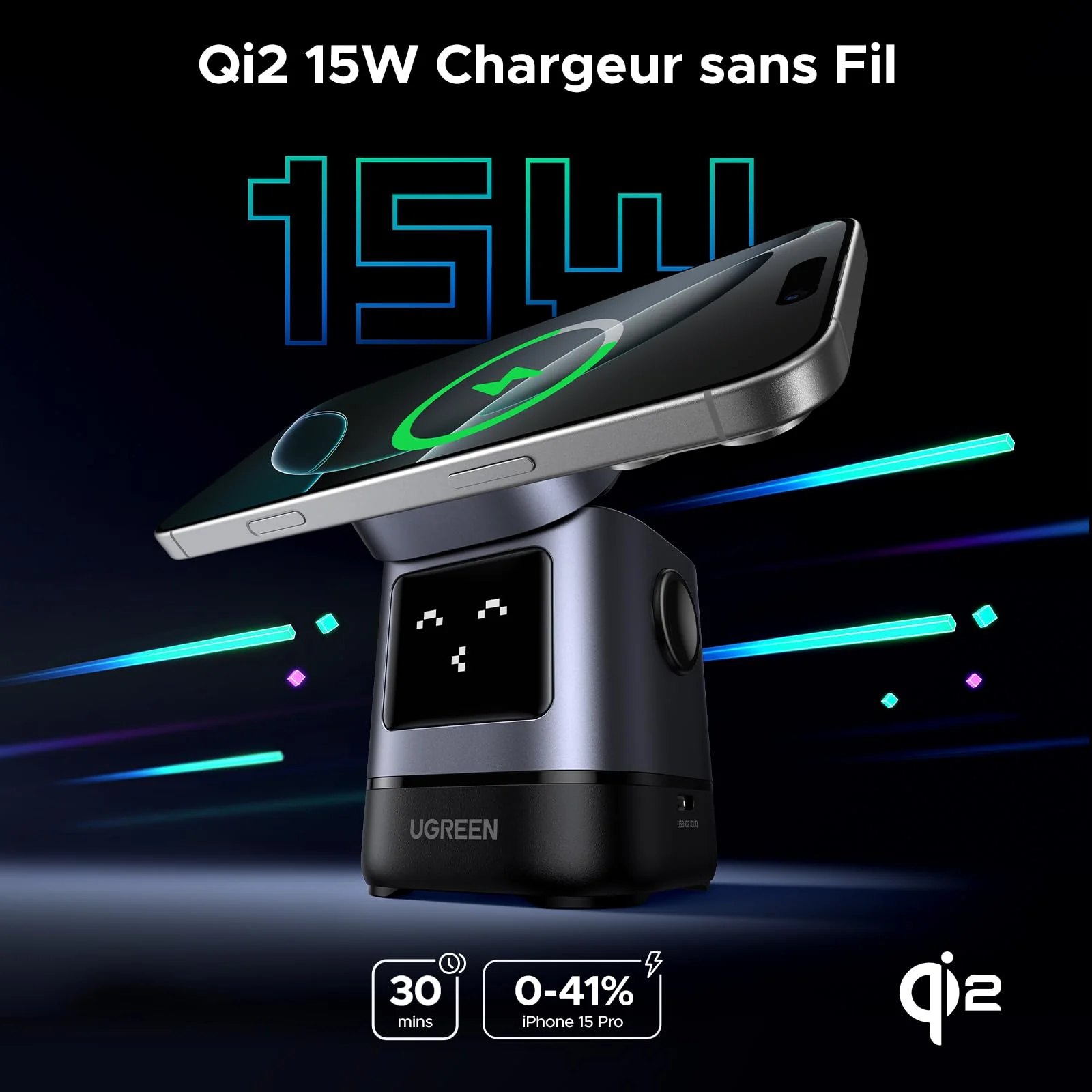UGREEN Uno Qi2 Chargeur Induction iPhone 2 en 1 Certifié 15W Compatible avec MagSafe - Image 3