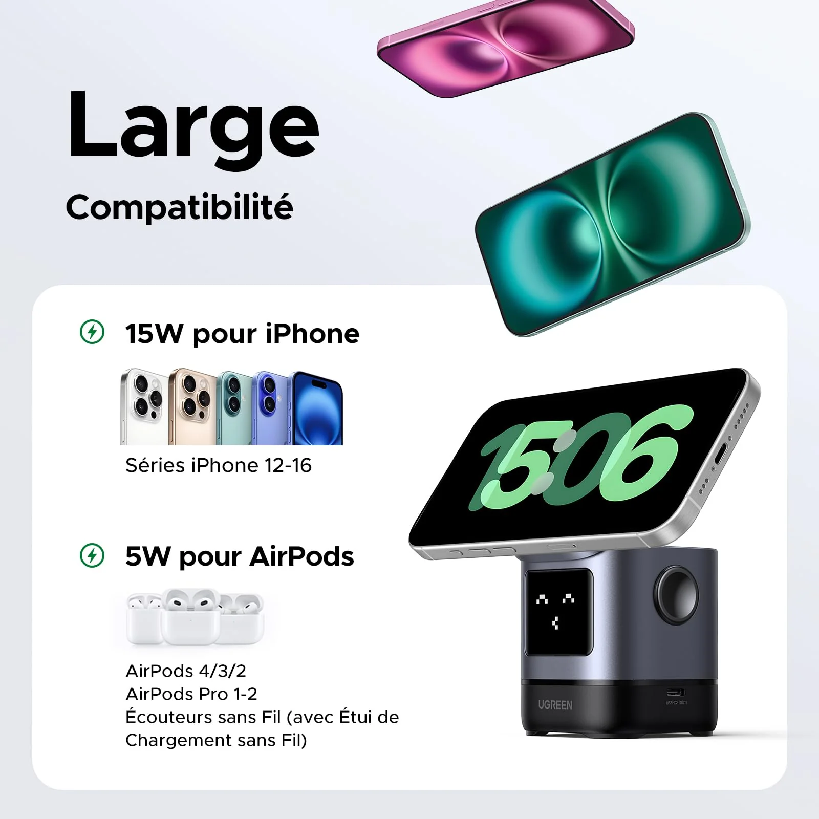 UGREEN Uno Qi2 Chargeur Induction iPhone 2 en 1 Certifié 15W Compatible avec MagSafe - Image 5