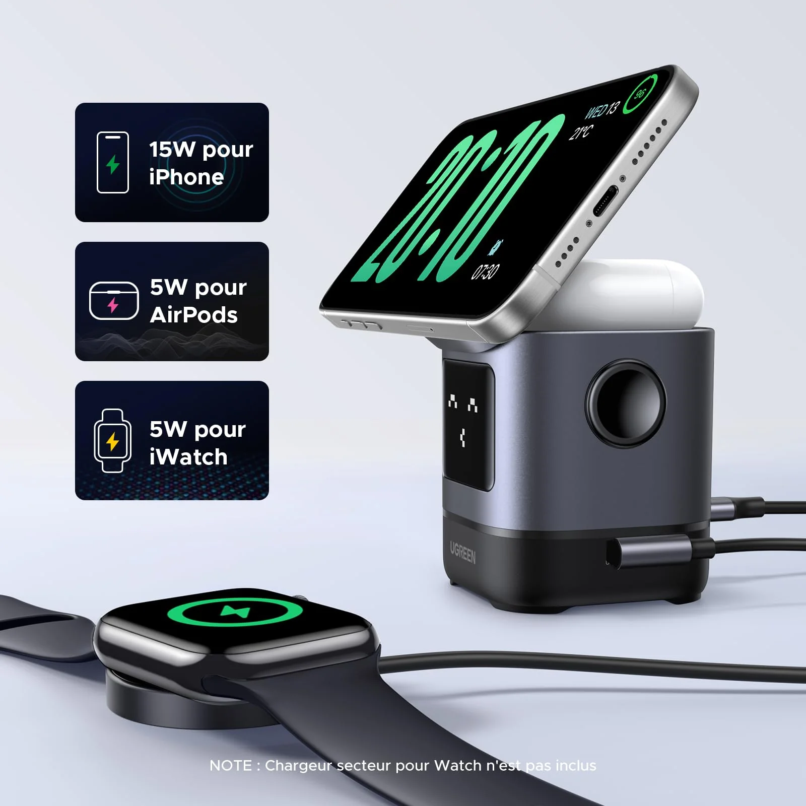 UGREEN Uno Qi2 Chargeur Induction iPhone 2 en 1 Certifié 15W Compatible avec MagSafe - Image 6