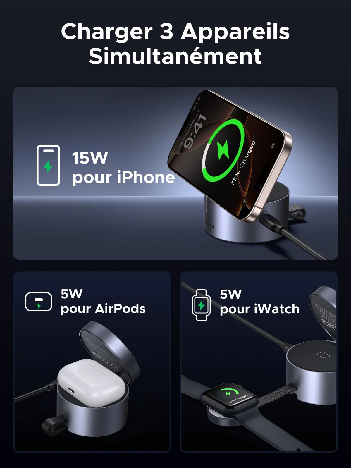 UGREEN UNO Chargeur Sans Fil Magnétique 3-en-1 25 W (Compatible MagSafe) - Image 3